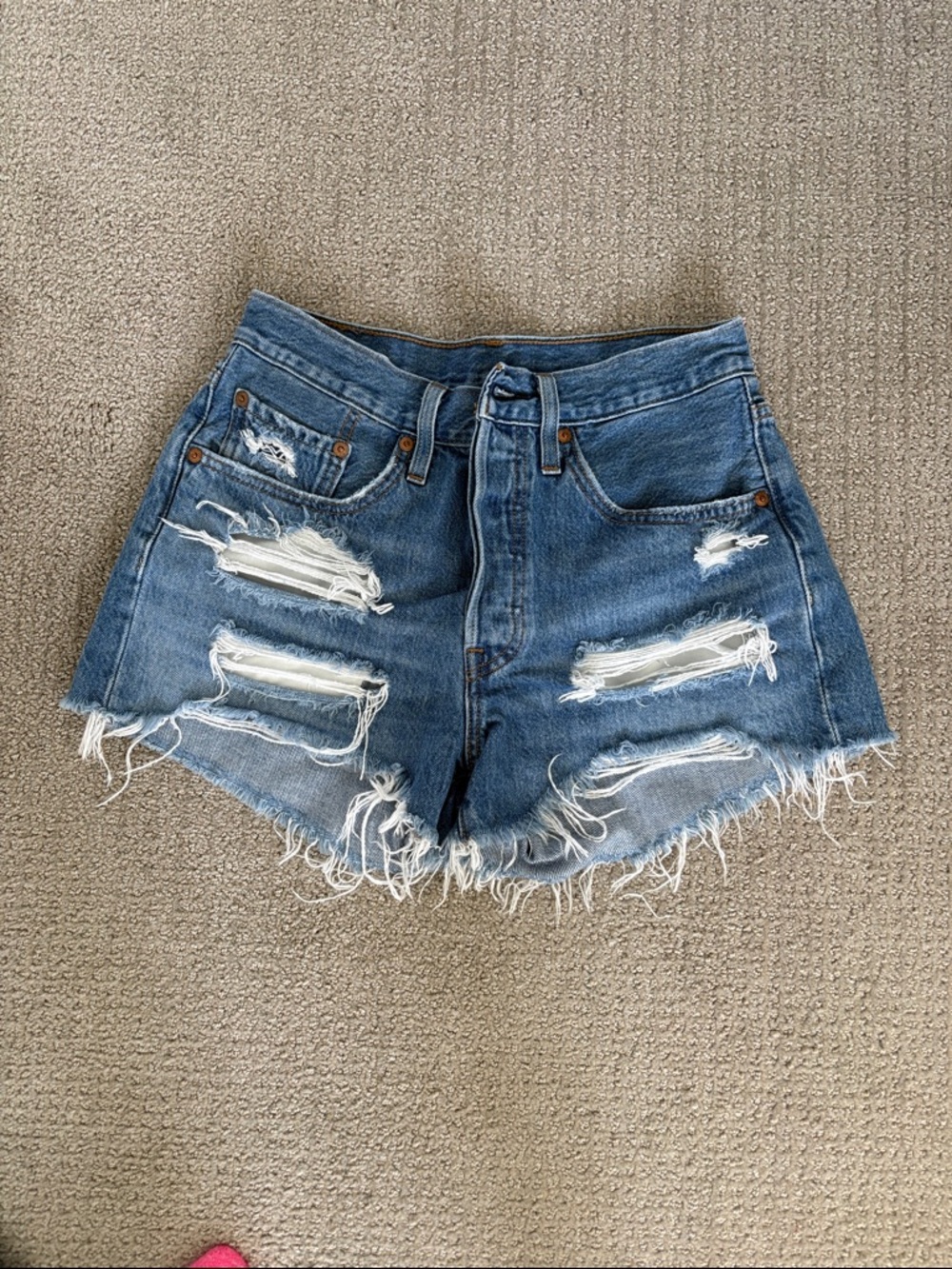 Levi’s 501 Distressed Blue Jean shorts. Size 26.